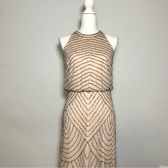 Adrianna Papell Beaded Art Deco Blouson Halter Dress - Picture 4 of 8